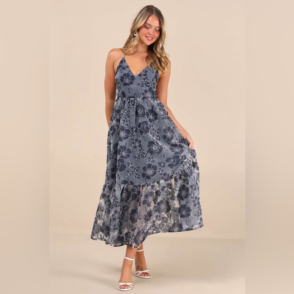 Lulu’s Feeling Like Forever Navy Jacquard Organza Lace-Up Midi Dress L